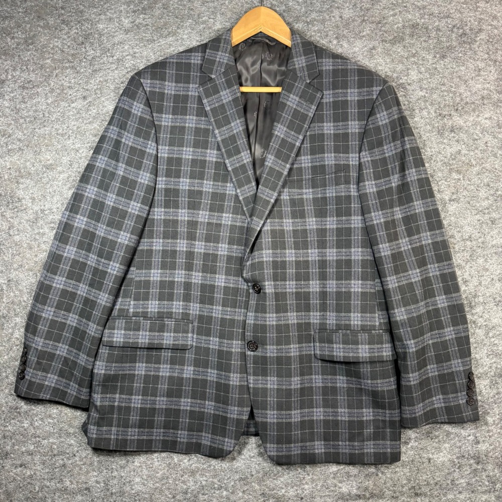 Lauren Ralph Lauren Blazer Jacket Mens 44R Grey Blue Plaid Windowpane Sport Coat